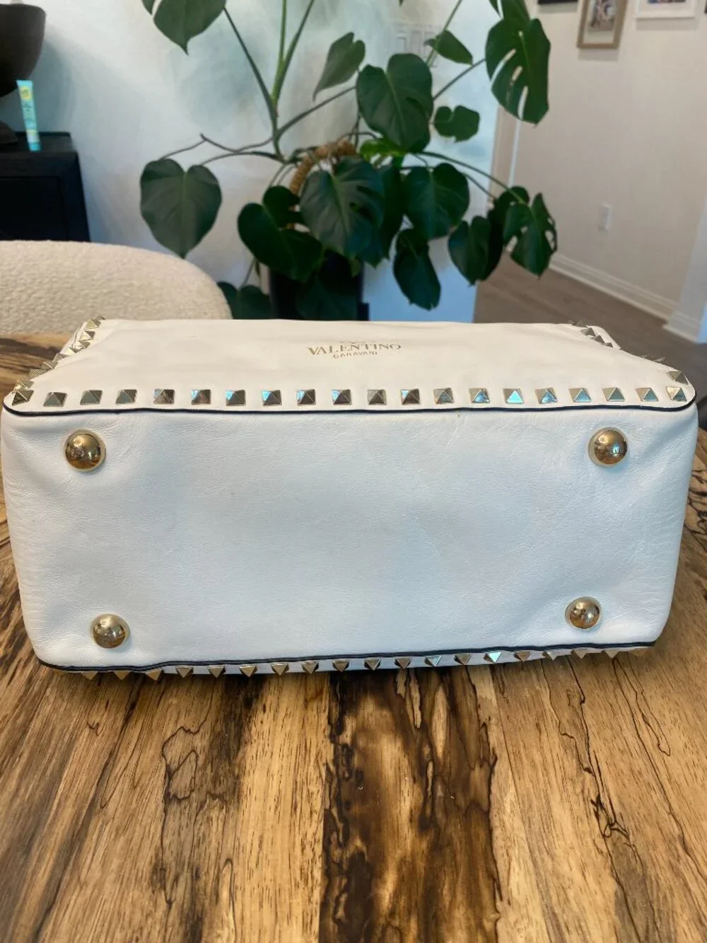 Valentino Rockstud Medium Foldover Flap Tote White Cream Gold Studs